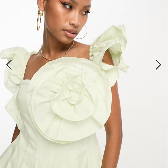 ASOS LUXE poplin romper with corsage and ruffle sleeves in soft green - Picture 4 of 5